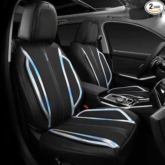 CAR PASS Nappa Leather Holographic Laser Car Seat Covers Front Seats Only Cushioned, Waterproof Waist Protector Universal fit for SUV Truck Pickup Luxury Stylish Elegant for Women Black Silver Strips