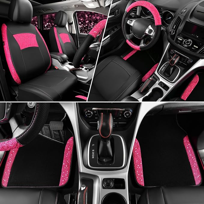 CAR PASS Universal Leather Pink Lace Car Seat Covers Full Set for Women Girls, Waterproof Car Floor Mats Carpet, Steering Wheel Cover for Cars Accessories Interior Sets 10PCS Included