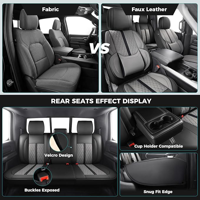 Seat Covers for 2019-2026 Dodge Ram 1500/2500/3500, Flat Bench | lumbar padded, premium waterproof leather, full coverage, anti-slip, storage pockets, long-term durability, airbag compatible