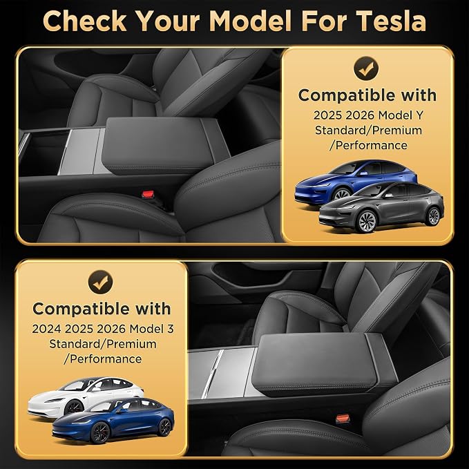 for Tesla Model Y Juniper(2025-2026) & Model 3(2024-2026) Leather Center Console Cover [Soft Touch & Match Seat Color] Armrest Cover for Tesla Model 3 & Model Y Juniper Accessories Black