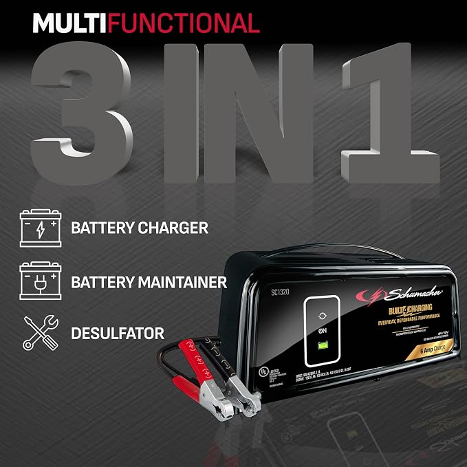 Schumacher Electric Battery Charger and Maintainer, SC1320, 3-in-1, Fully Automatic, 6 Amps, 6 Volt, 12 Volt, for Car, SUV, Truck, and Marine Batteries (Pack of 2)
