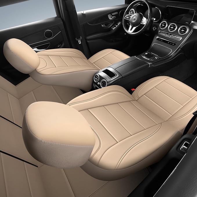 HChengkikz Front Car Seat Cover, Waterproof Faux Leather (Beige) | Car Seat Protectors, Quilting, Easy to install, Airbag Compatible, Universal Fit for Most Suvs, Trucks, SUVs