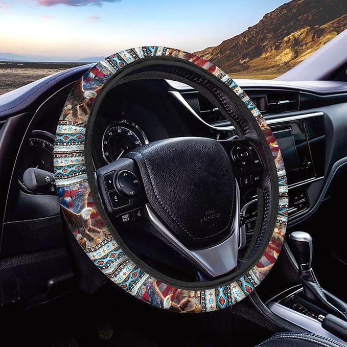Wanyint Auto Steering Wheel Cover Unviersal 15 Inch Steering Wheel Wrap Cover 4th of July Auto Interior Accessories Decor for All Seasons, Aztec Eagle US Flag