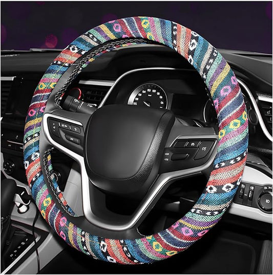 Boho Steering Wheel Cover, Anti-Slip Coarse Flax Cloth Ethnic Style Auto Wheel Cover, Breathable Boho Auto Steering Wheel Protector for Women Men, Car Accessories (Style A)
