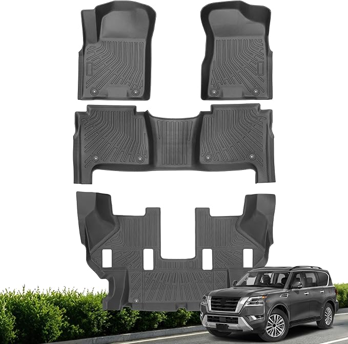 Floor Mats for Nissan Armada/Infiniti QX80 2019-2024 (7 Seats) | All Weather TPE Floor Liners Protection for Armada/QX80 Accessories, 3 Row Anti-Slip Car Mats, Black