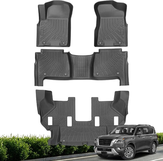 Floor Mats for Nissan Armada/Infiniti QX80 2019-2024 (7 Seats) | All Weather TPE Floor Liners Protection for Armada/QX80 Accessories, 3 Row Anti-Slip Car Mats, Black