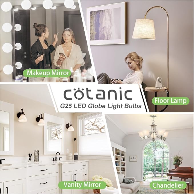 Cotanic G25 LED Globe Light Bulbs, 5W Vanity Light Bulb (60W Equivalent),Daylight 4000K,Non-dimmable Makeup Mirror Lights for Bedroom,Led Bathroom Light Bulbs,E26 Medium Screw Base,500lm,Pack of 4