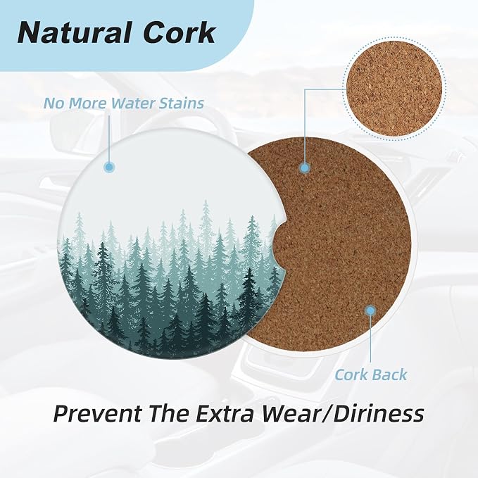 Green Forest Car Coasters for Cup Holders,2 Pack Car Cup Holder Coasters for Car,Ceramic Absorbent Car Coaster with A Finger Notch and Cork Base,Car Interior Accessories for Women Men