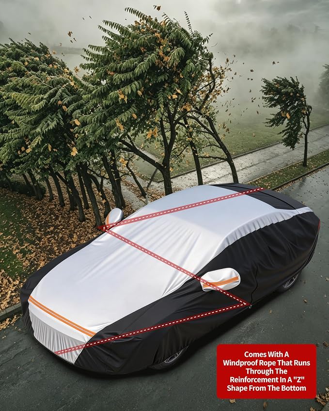 Car Cover Waterproof All Weather,6 Layers Car Covers for Automobiles, Full Exterior Cover with Zipper, Outdoor Car Cover Sun UV Rain Snow Wind Protection, Fit for 185"(185 * 70 * 59 inch) Sedan