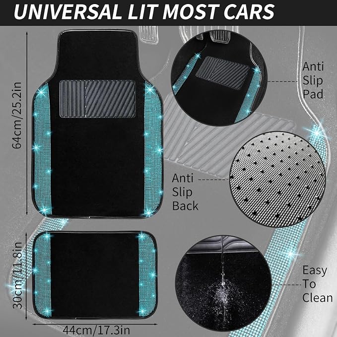 NBTEPEM 12 Pcs Bling Car Accessories Set for Women Car Floor Mats Full Set Steering Wheel Cover Seat Belt Covers Coasters Universal Fit Car SUV Truck Van Aquamarine