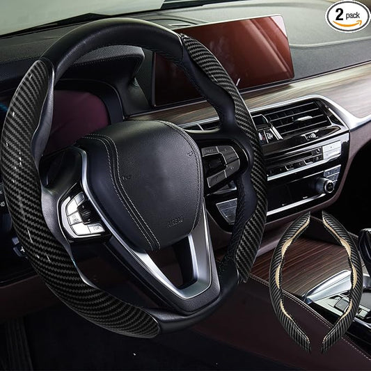 WOCOCN 2pcs Car Steering Wheel Cover,Anti-Skid Carbon Fiber Steering Wheel Protector for Men Women,Multiple Color Options,Universal for Most Car Interiors Accessories (Bright Black)