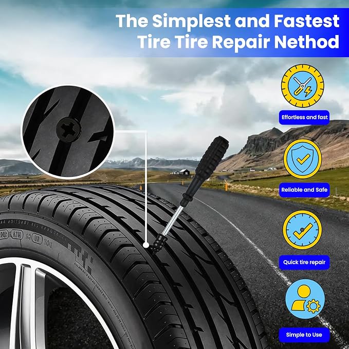 62 PCS Tire Repair Rubber Nail Kit with Sealant Glue & Screwdriver, Premium Spiral Screw-in Tire Plugs with 2 Sizes - Emergency Roadside Flat Tire Fix for Car Truck Motorcycle ATV SUV