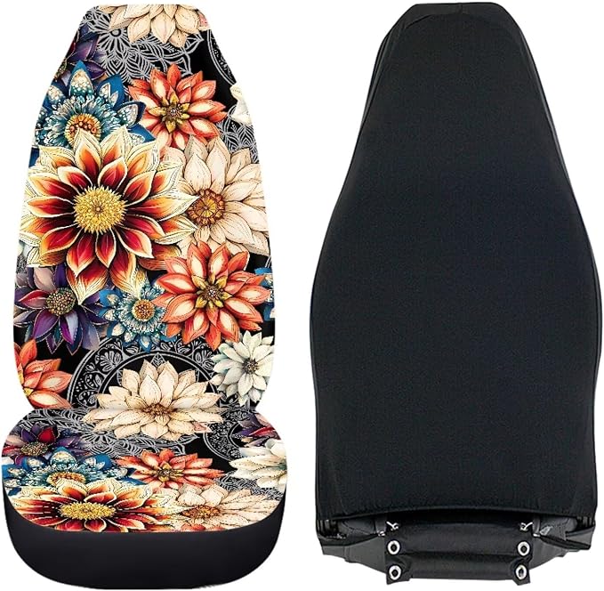 Dahlia Flowers Blossom Car Seat Covers for Front Seats Ethnic Style Bucket Seat Covers Universal Fit for SUV Truck Sedan Front Seat Protector,2 Piece Set