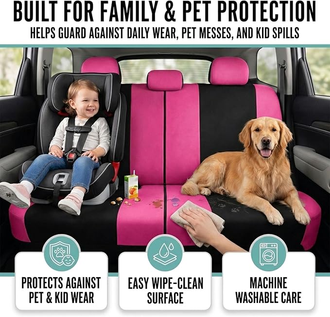 FH Group Full Set Cloth Car Seat Covers, Universal Fit combo, Low Back Front Seat Covers, Airbag Compatible, Split Bench Rear Seat, Washable Seat Cover for SUV, Sedan, Van, Pink