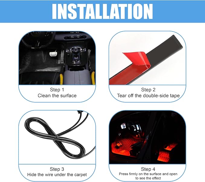 Car LED Strip Light, 48 LED 12V USB Port, Red | RGB Neon Auto Interior Atmosphere Lights, Under Dash Ambient Night Light, Universal Decorative Lamp Accessory for Car Truck