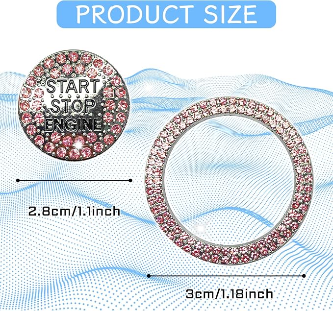 2PCS Rhinestone Push Start Button Cover Bling Car Accessories for Women, Sparkly Diamond Push to Starter Stop Button Decorative Cover, Key Ignition Knob Ring Crystal Emblem Sticker(Pink)