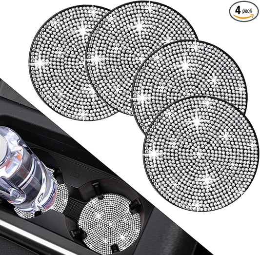 COCASES 4 Pack Bling Car Coasters, Car Cup Holder Coaster, Rhinestone Coaster for Cup Holders, Silicone Car Coasters for Women Car Interior Accessories (2.75'' White Crystal Circle)