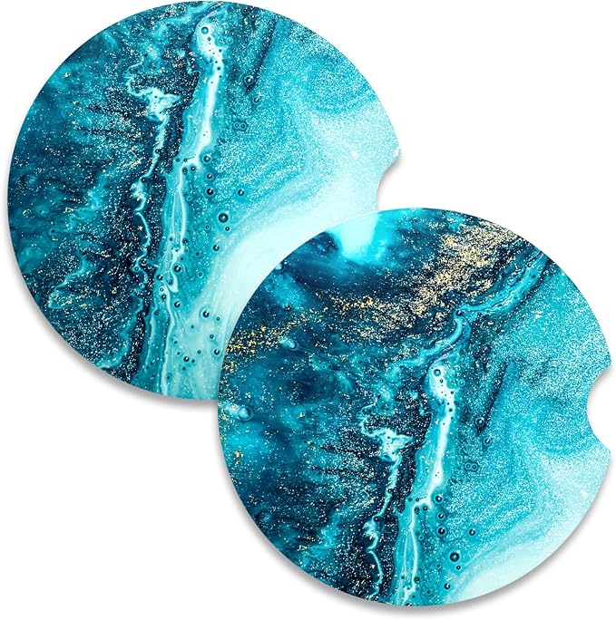 Nipichsha Car Coasters for Cup Holders, 2 Pack Absorbent Ceramic Car Cup Holder Coaster for Drinks, Cute Auto Assecories for Women Men, Size 2.56 in with Finger Notch & Cork Base, Blue Marble