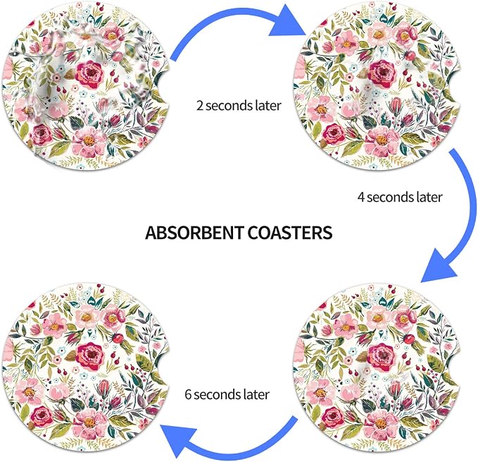 Car Coasters for Women 2 Pack Mother's Day, Auto Small 2.56" Auto Ceramic Coasters for Cup Holders, Absorb Spills to Keep Cupholders Clean, Easy Removal(Flower)