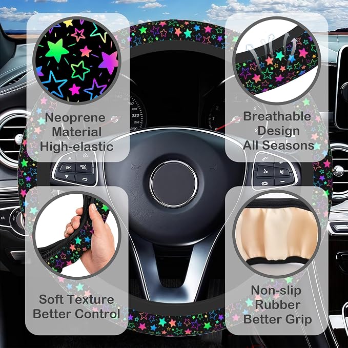 Colorful Stars Steering Wheel Cover for Women, Anti-Slip Car Steering Wheel Cover with 2 Pcs Cup Holders Neoprene Breathable Car Accessories Universal 15 Inch Auto Interior Decor