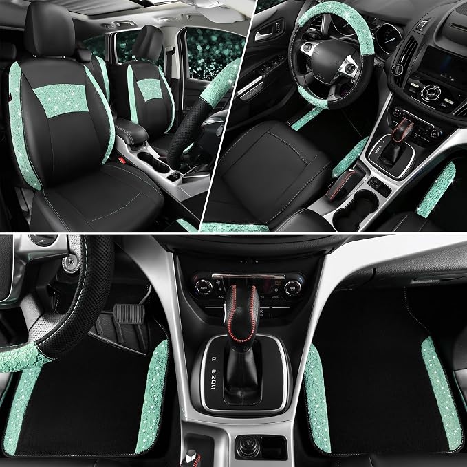 CAR PASS Universal Mint Leather Lace Car Seat Covers Full Set for Women Girls, Waterproof Car Floor Mats Carpet, Glitter Steering Wheel Cover for Car Accessories Interior Sets,10PCS Included