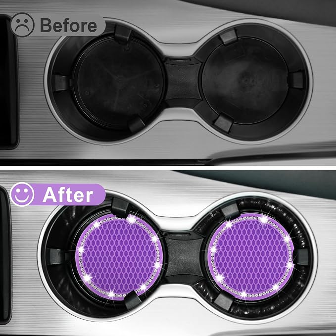 JUSTTOP Bling Cup Holder Coasters for Car,4PCS Universal Non-Slip Cup Holder,Rhinestone Decorative Coasters,Crystal Car Interior Accessories for Women(Purple)