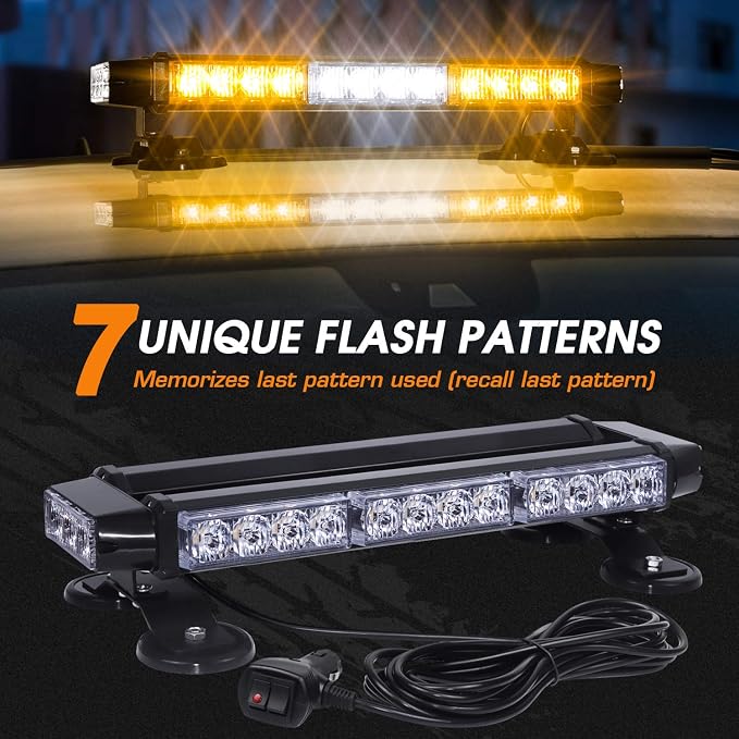 LINKITOM LED Strobe Flashing Light Bar -Double Side 30 LED High Intensity Emergency Hazard Warning Lighting Bar/Beacon/with Magnetic for Vehicle Trucks Roof Safety (Amber&White)