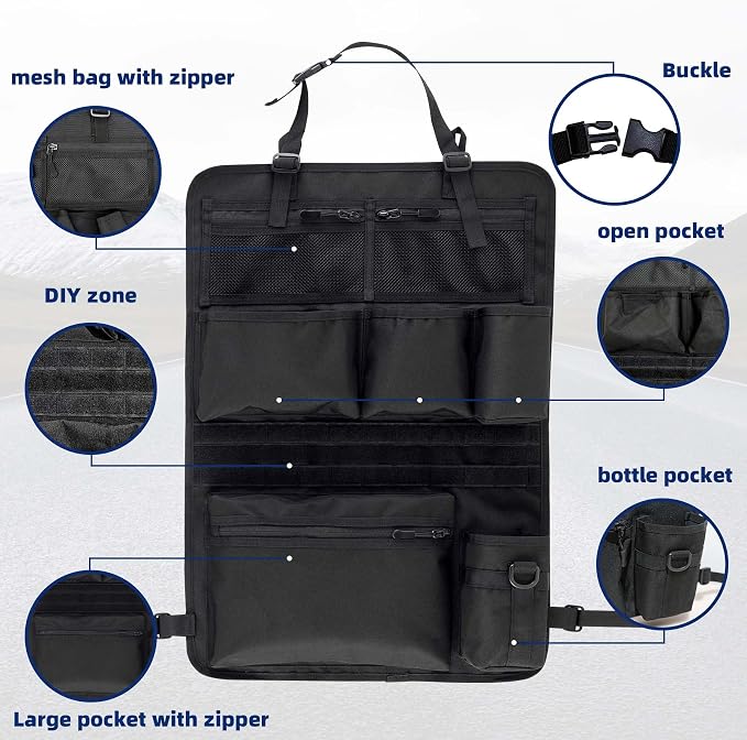 Backseat Car Organizer,Tactical Car Seat Back Organizer, Kick Mats Back Seat Protector with Three Zippered Storage pockets, Travel Accessories with 8 Storage Pockets And DIY zone (Sand Brown)