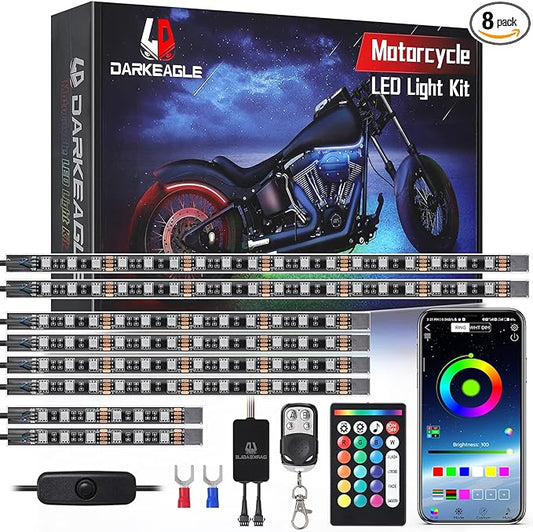 8PCS Motorcycle RGB LED Light Kits with APP/RF Remote, Multicolor Underglow Lights with Brake Turn Signal, 12V Waterproof Dual Zone Strip for Sport Bike, Cruiser, Street & Dirt Motorcycle