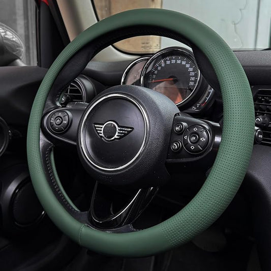PINCTROT Large Size Nappa Leather Steering Wheel Cover, Slim Fit No Bulk Design, One Piece Leather with Breathable Perforation, Fit Like Gloves, 15.5-15.75 Inch(Nappa Green)