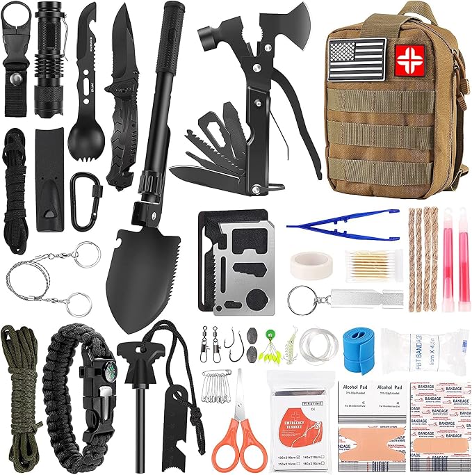 LUXMOM Survival Kit and First Aid Kit, 142Pcs Professional Survival Gear and Supplies Equipment with Molle Pouch, Gift for Fathers Day Men Dad Husband Camping Hiking Hunting Outdoor Adventure