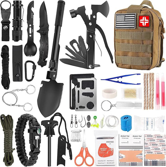 LUXMOM Survival Kit and First Aid Kit, 142Pcs Professional Survival Gear and Supplies Equipment with Molle Pouch, Gift for Fathers Day Men Dad Husband Camping Hiking Hunting Outdoor Adventure
