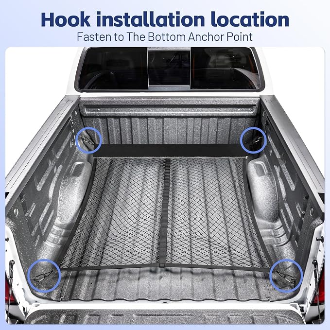 Cargo Net for Silverado/Sierra/Ram 1500, Frontier, Ridgeline, Tacoma/Tundra | Heavy Duty Truck Bed Organizer, Highly Elastic Tailgate Net with Carabiners, Weatherproof Mesh Cover with Attached Zipper Bag