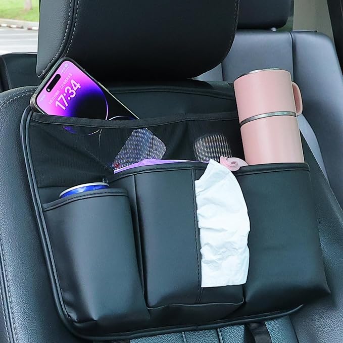 Amooca Car Backseat Organizer PU Leather Storage Bags Travel Accessories Large Pockets for Water Bottle Drink Tissue with Hooks