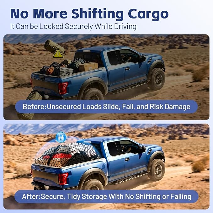 Cargo Net for Ford F150/F250/F350/F450 2015-2026, Nissan Titan 2016-2024 | Heavy Duty Truck Bed Organizer, Highly Elastic Tailgate Net with Carabiners, Weatherproof Mesh Cover with Attached Zipper Bag
