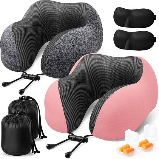 ExploreBliss Travel Pillow, 2 Pack Travel Pillows for Sleeping Airplane, Neck Pillow Airplane, Memory Foam Neck Pillow Set with Eye Mask, Earplugs and Storage Bag -Grey & Pink
