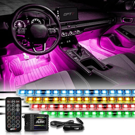 OPT7 Aura RGB Interior Car Lights with Remote Control, 4PC LED Strips Kit | Interior Ambient Glow, Sound Sync Lighting, 12V Car Charger, Flexible Light Strips, SUV Under Dash Decoration