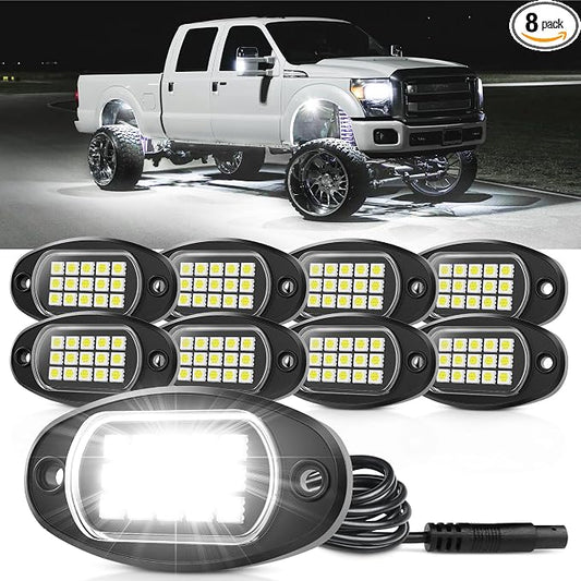 Pure White LED Rock Lights 8 Pods - Waterproof LED Underglow Light, Underbody Glow Lamp for Car Truck ATV UTV SUV Offroad Boat