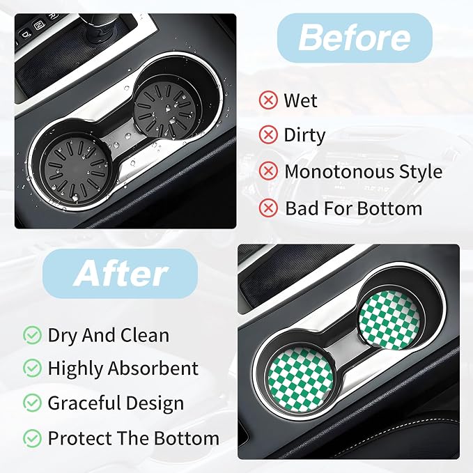 Green and White Checkered Car Coasters for Cup Holders,2 Pack Car Cup Holder Coasters for Car,Ceramic Absorbent Car Coaster with A Finger Notch and Cork Base,Car Interior Accessories for Women Men