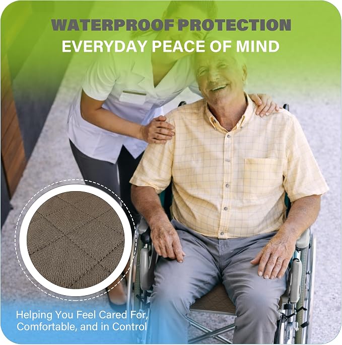 SPRING SEAON Waterproof Chair Pads for Adults & Elder, 22" x 21" Washable Reusable Incontinence Pads, Non-Slip Wheelchair Seat Cover for Bed, Car, Recliner & Protecting Patient Dignity (khaki, 2 Pack)