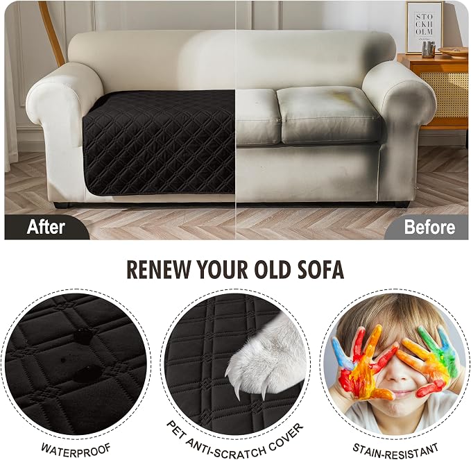 Genina Waterproof Couch Cover, Washable Anti-Slip 86.6 inch Sofa Covers with 4 Cushions, Sectional Couch Covers for Pets Friendly, Sofa Slipcovers for Dogs Cats, (86inch/Black)