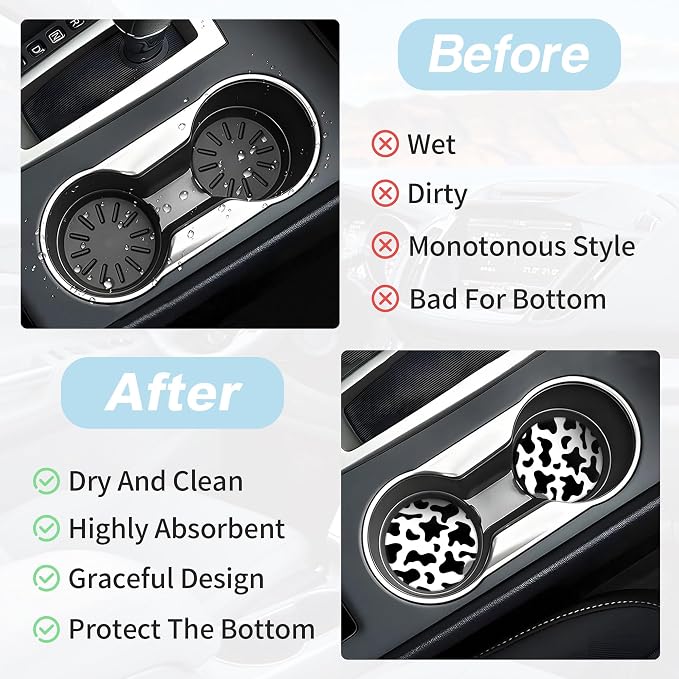 Black and White Cow Print Car Coasters for Cup Holders,2 Pack Car Cup Holder Coasters for Car,Ceramic Absorbent Car Coaster with A Finger Notch and Cork Base,Car Interior Accessories for Women Men