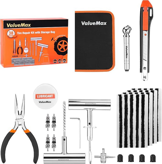 ValueMax Tire Repair Kit, 38PCS Universal Heavy Duty Car Tool Kit for Fix Punctures, Tire Plug Tools for Cars, Motorcycles, ATV, SUV, RV, Tractors, Trucks, etc.