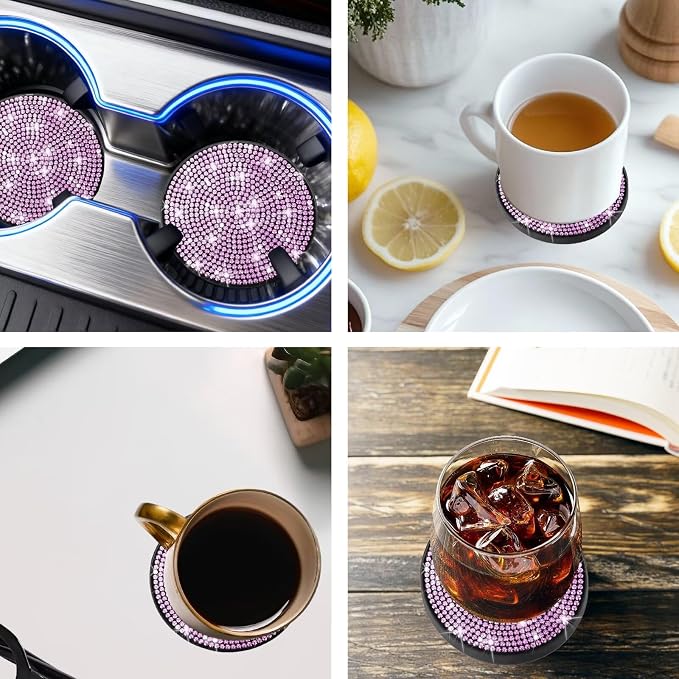 BFXM 4 PCS Bling Cup Holder Coaster, 2.75 inch Diamond Universal Non-Slip Silicone Cup Holder Coasters, Sparkly Bling Car Accessories for Women (Pink)