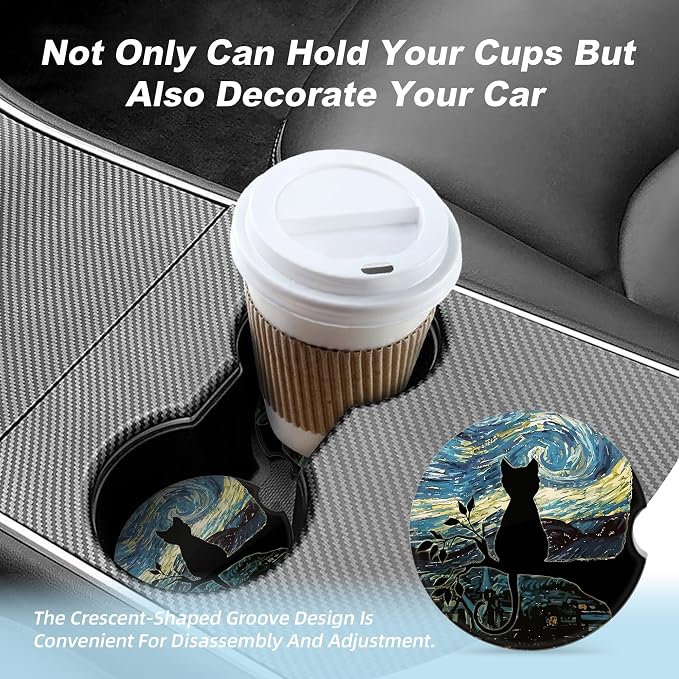 Aesthetic Black Cat Car Coasters for Cup Holders,2 Pack Car Cup Holder Coasters for Car,Ceramic Absorbent Car Coaster with A Finger Notch and Cork Base,Car Interior Accessories for Women Men