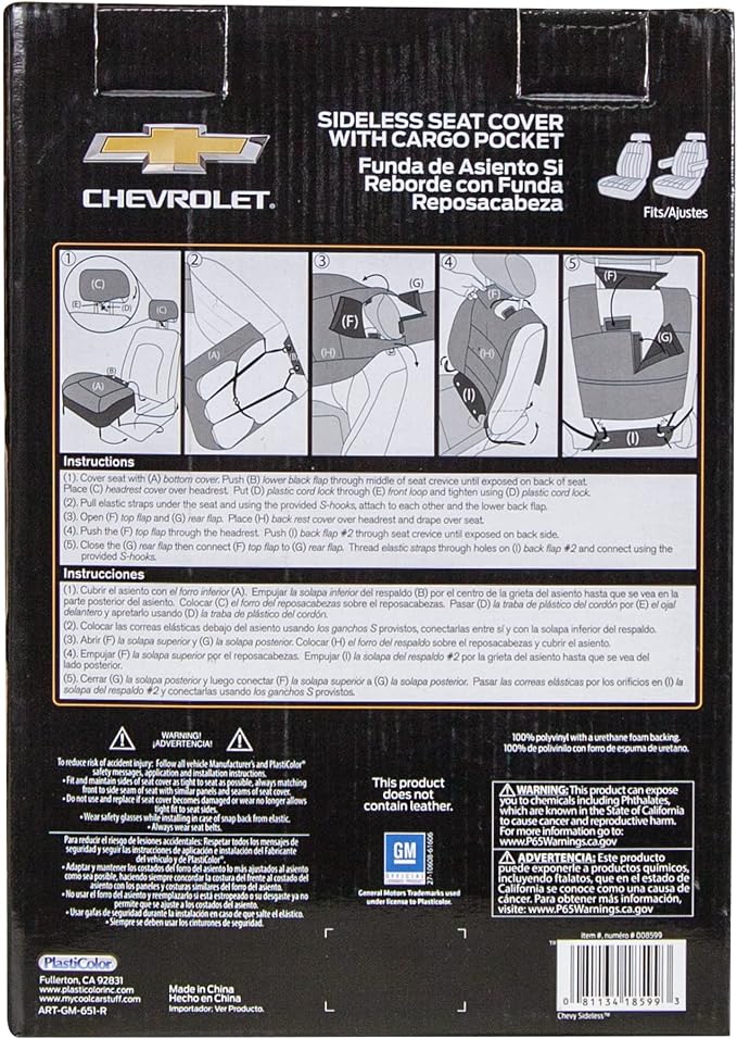 Plasticolor 008599R01 Chevy Chevrolet Logo Universal Fit Car Truck or SUV Sideless 3-Piece Seat Cover w/Head Rest , Black