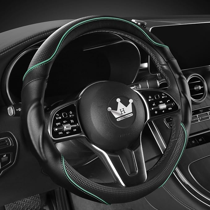 HighnessHwoo 3D Car Steering Wheel Cover Comfort Grip Massage Sporty Anti-Slip Carbon Fiber Faux Leather for F150, Trucks, Jeep, Van, Car Handle Covers for All Seasons, 15.2-16in, Green