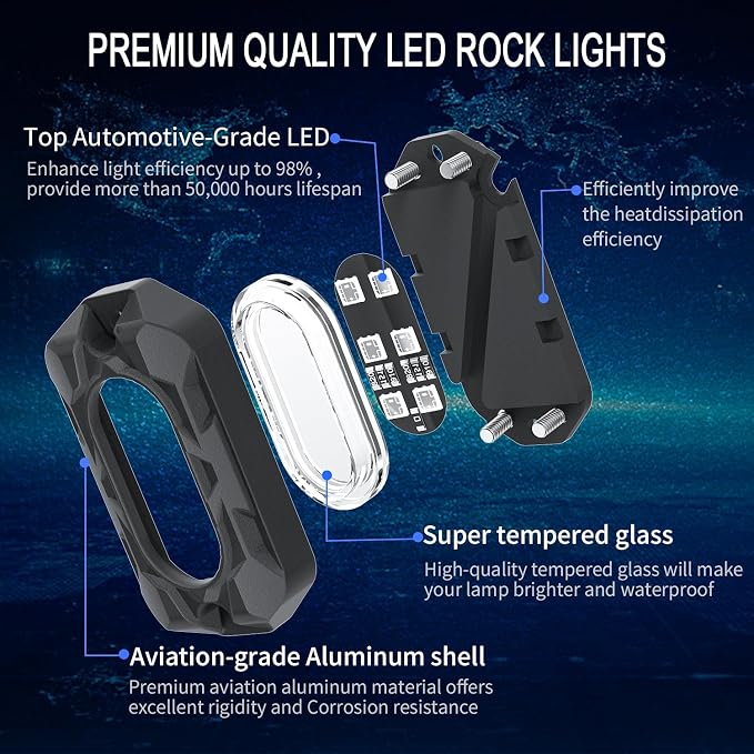 Car LED Rock Lights Kit, 4 Pods Multilcolor Underglow Neon Lights | RGB Rock Light High Bright with APP & Music Mode, IP68 Waterproof for Trucks, Cars Decorative Accessories