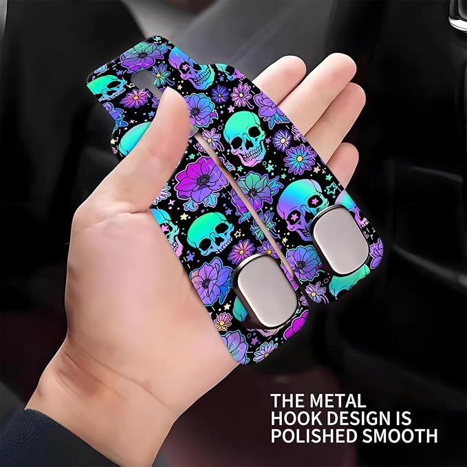Car Seat Headrest Hook, Universal Leather Cute Hanger Holder Hook, Storage Organizer Interior Accessories for Purse Bags Handbag Purple Cute Skulls