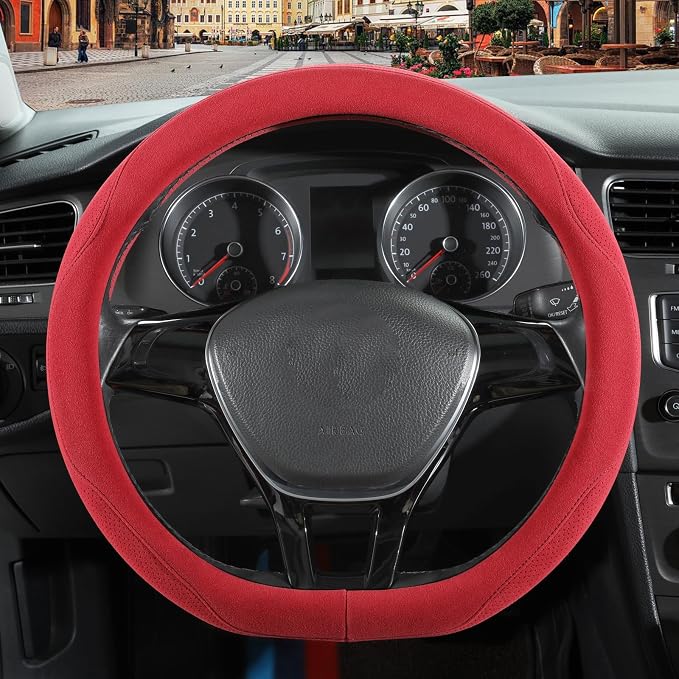Red Suede D Shaped Steering Wheel Cover 14.5 inch to 15 inch | Warm in Winter and Cool in Summer, Universal Felt Car Accessories, Breathable Non-Slip Sweat-Proof Wear-Resistant